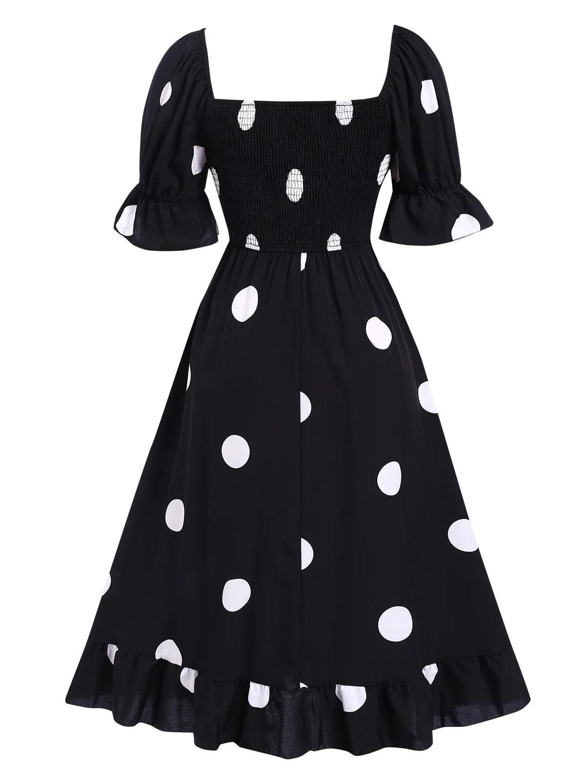 Black 1940s Ruffle Cuffs Polka Dots Smocked Dress - Image 2