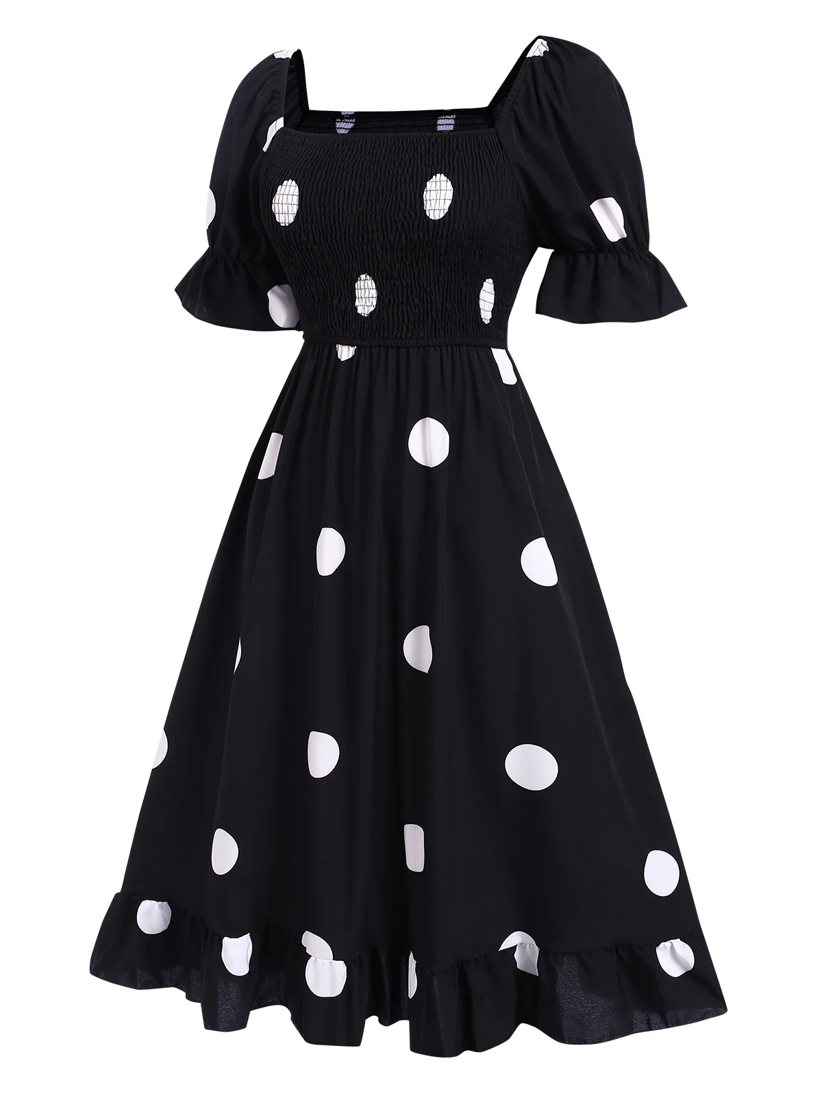 Black 1940s Ruffle Cuffs Polka Dots Smocked Dress - Image 3