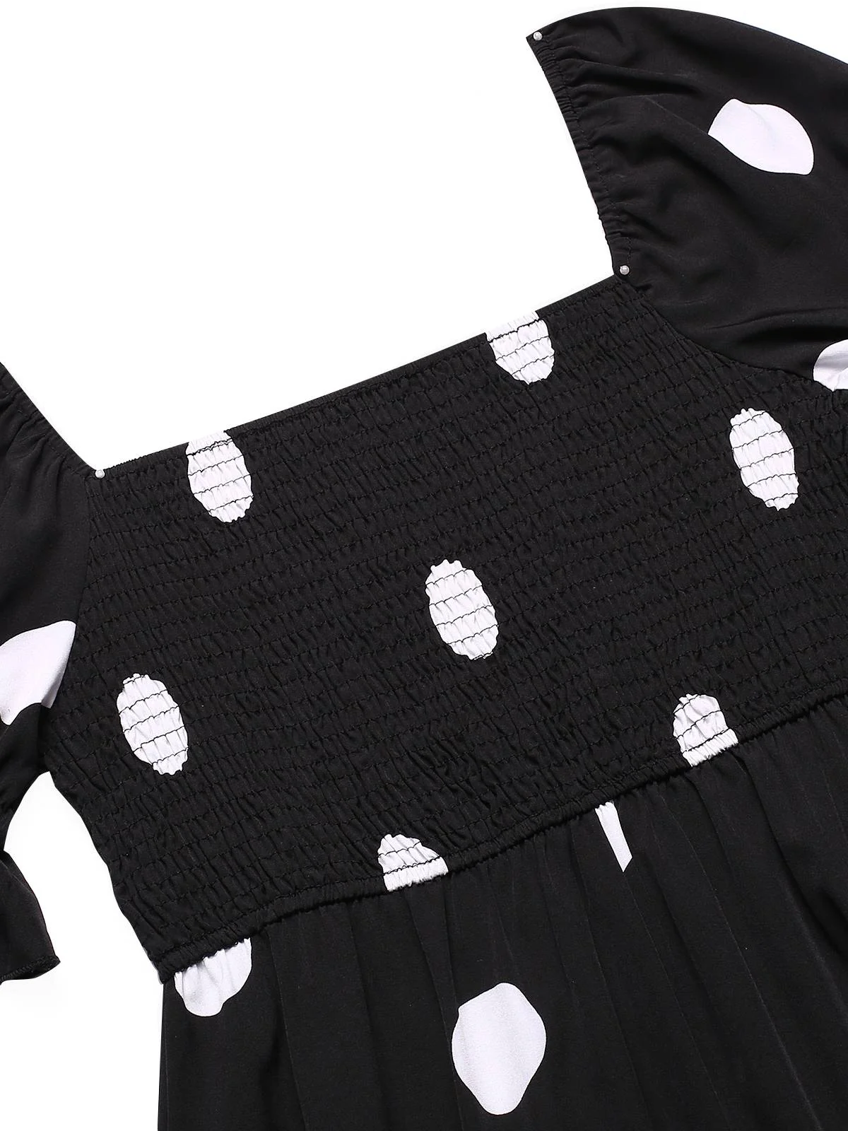 Black 1940s Ruffle Cuffs Polka Dots Smocked Dress - Image 4