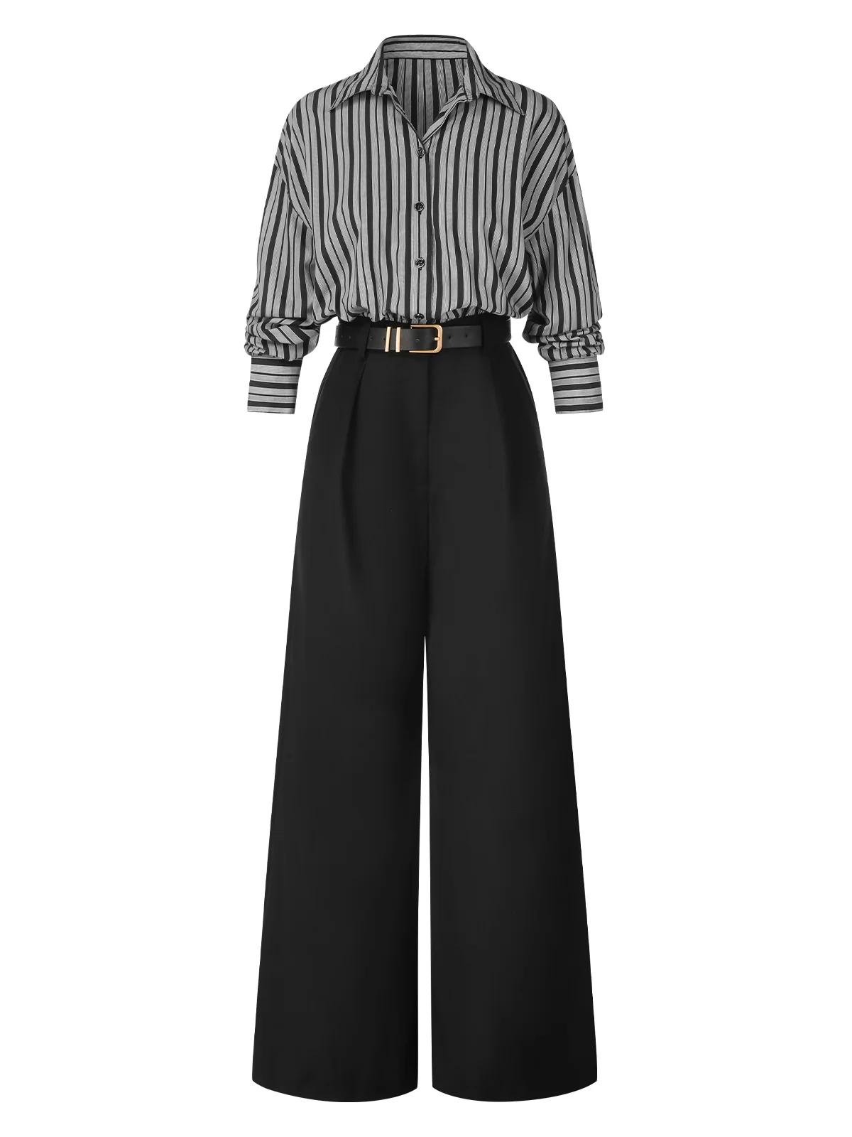 Black 1940s Shirt Collar Stripe Jumpsuit With Cape - Image 2