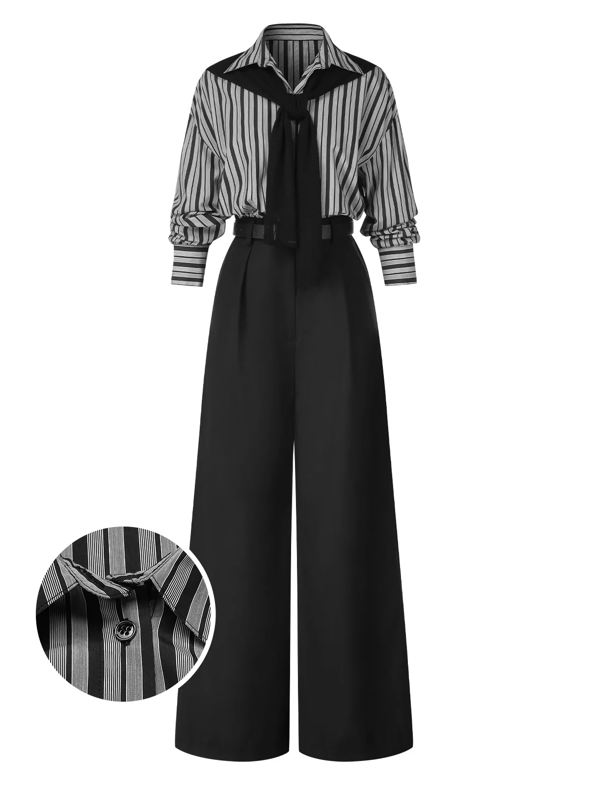 Black 1940s Shirt Collar Stripe Jumpsuit With Cape - Image 3
