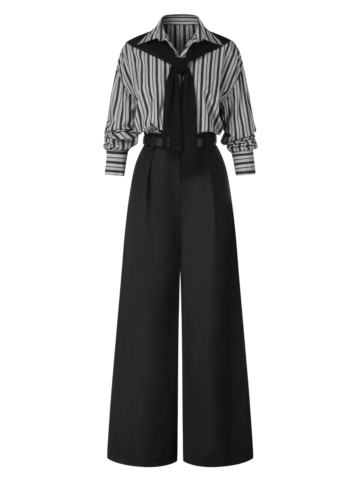 Black 1940s Shirt Collar Stripe Jumpsuit With Cape - Image 4