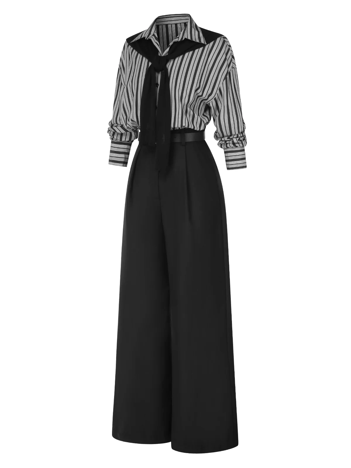 Black 1940s Shirt Collar Stripe Jumpsuit With Cape - Image 5