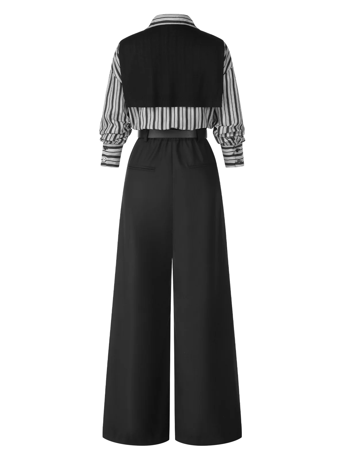Black 1940s Shirt Collar Stripe Jumpsuit With Cape - Image 6