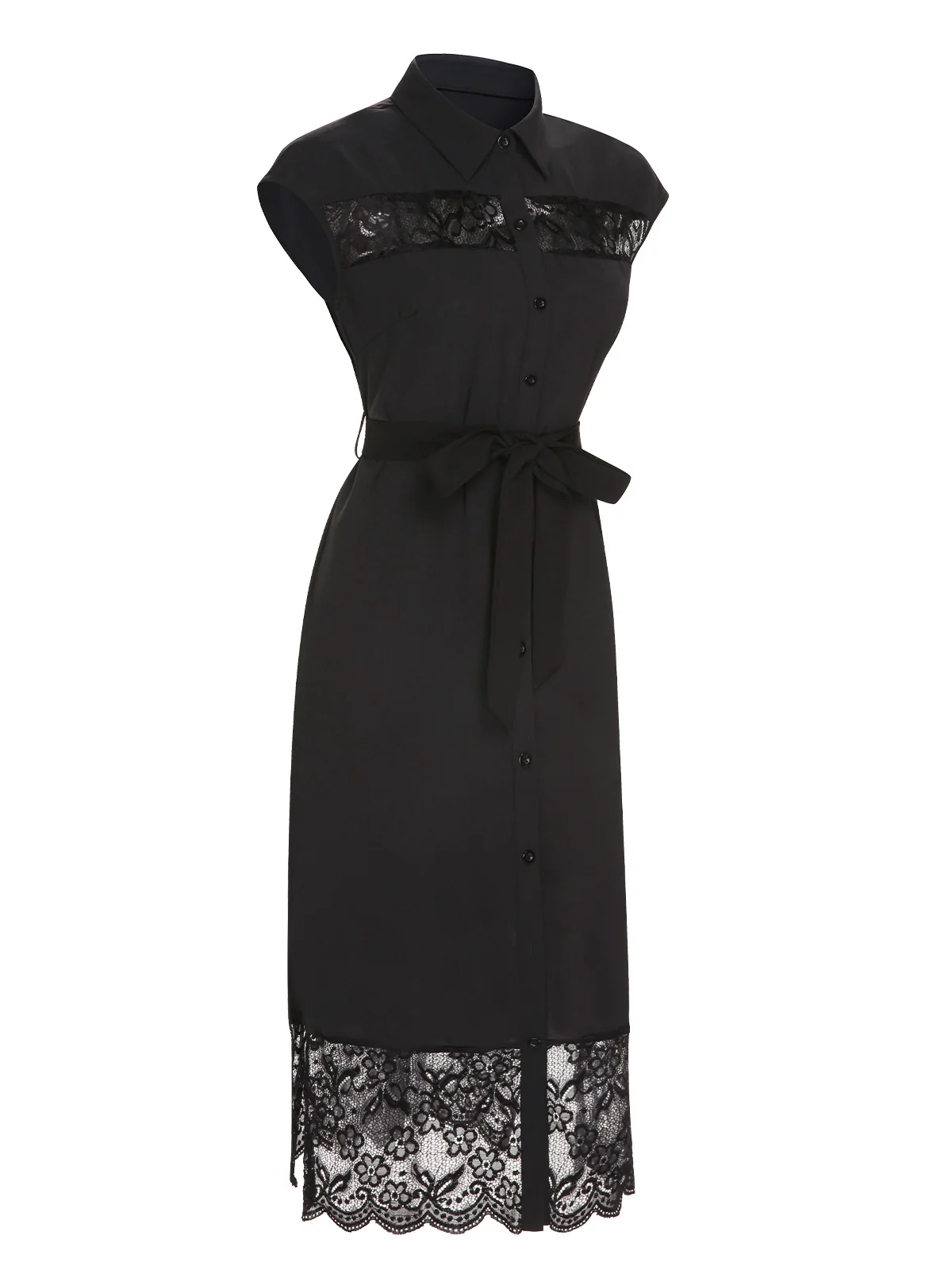 Black 1940s Solid Lace Shirt Collar Belted Dress - Image 2