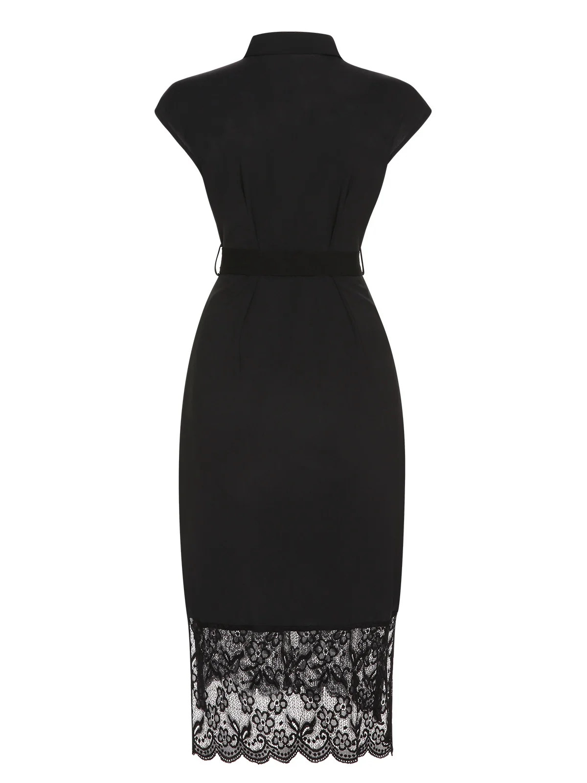 Black 1940s Solid Lace Shirt Collar Belted Dress - Image 3