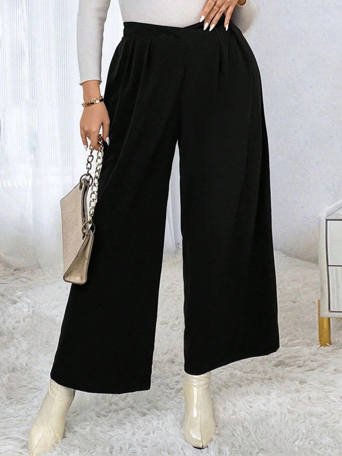 [Plus Size] Black 1940s Solid Pleated Waist Straight Pants - Image 2