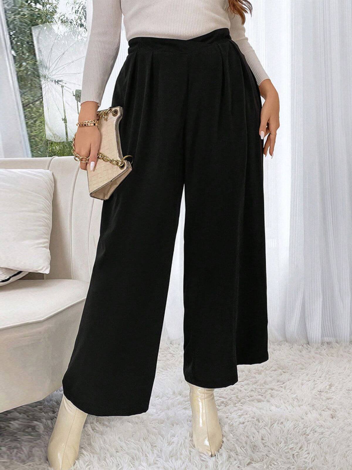 [Plus Size] Black 1940s Solid Pleated Waist Straight Pants - Image 3