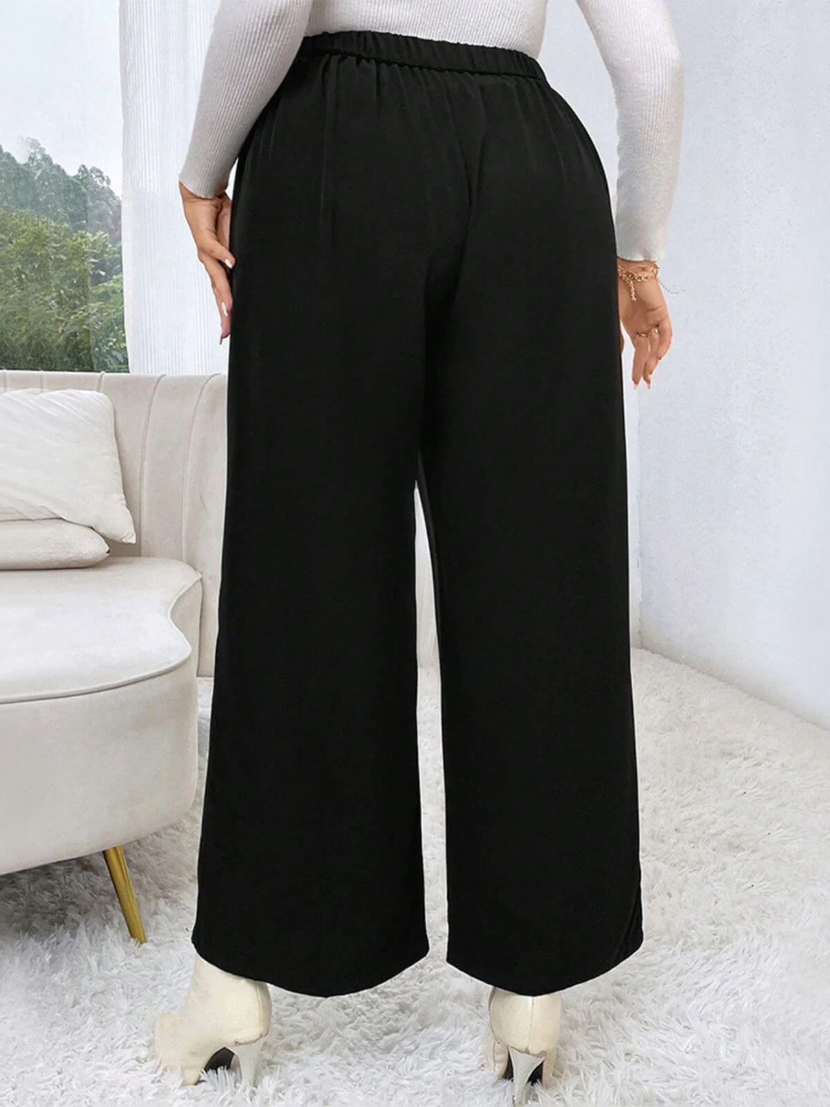 [Plus Size] Black 1940s Solid Pleated Waist Straight Pants - Image 4