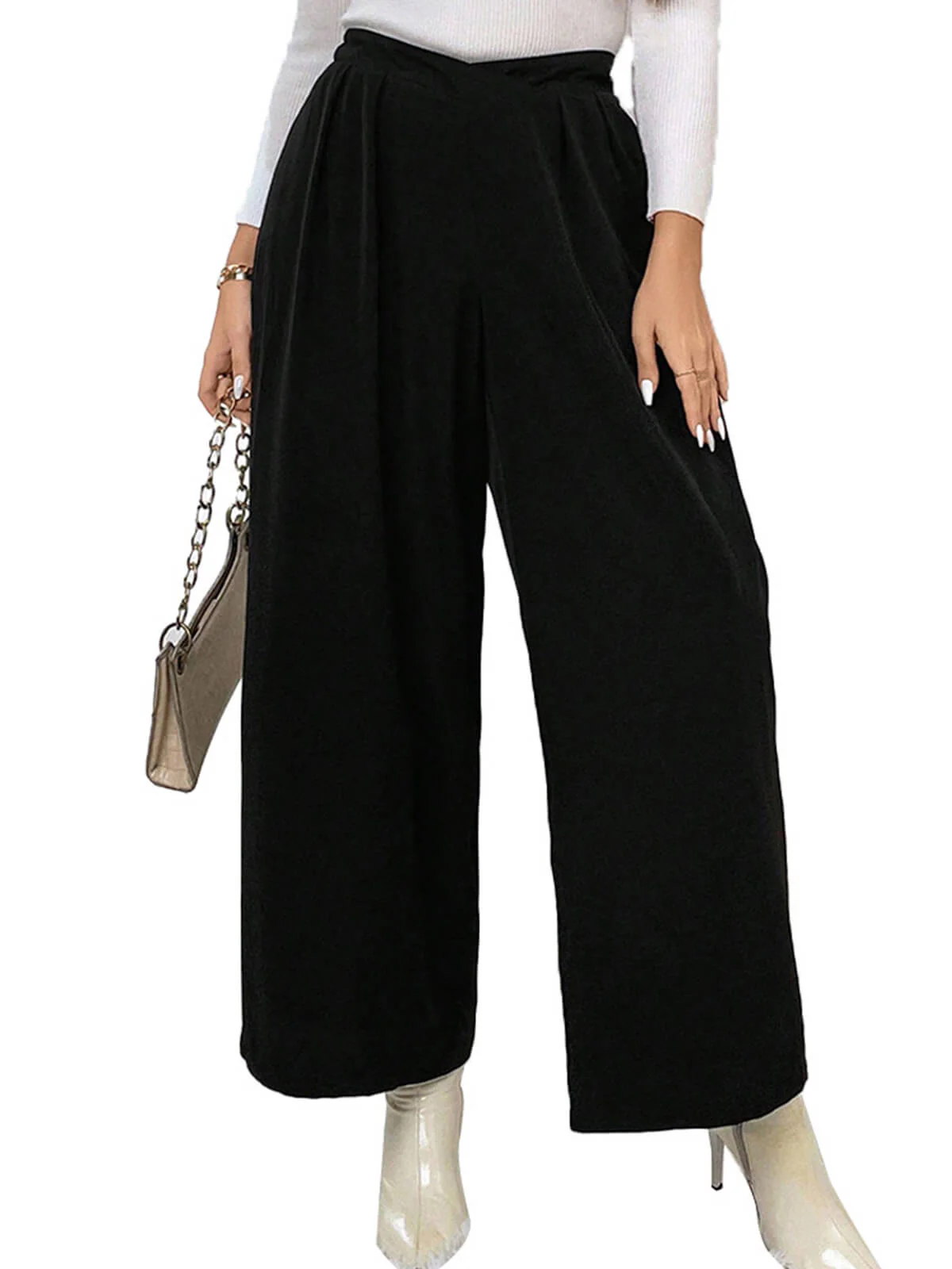 [Plus Size] Black 1940s Solid Pleated Waist Straight Pants - Image 5