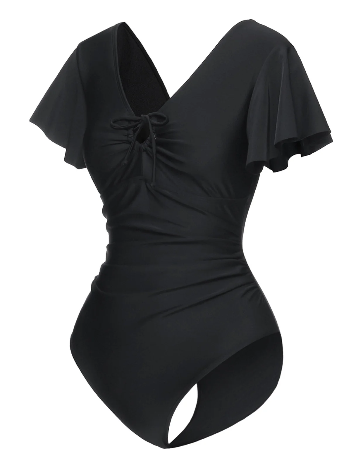 Black 1940s Solid Ruffle Sleeves One-Piece Swimsuit - Image 2