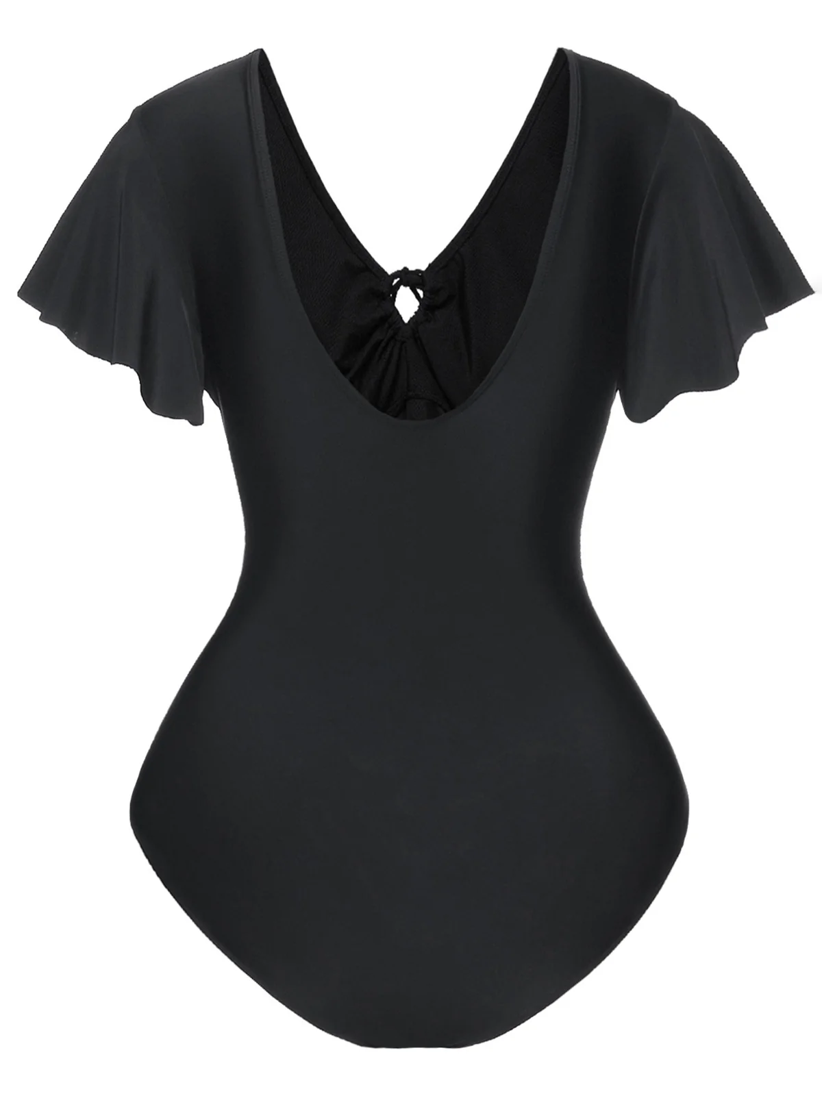 Black 1940s Solid Ruffle Sleeves One-Piece Swimsuit - Image 3