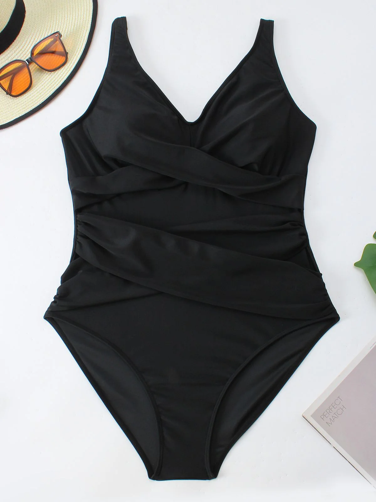[Plus Size] Black 1940s Solid V-Neck One-Piece Swimsuit - Image 2