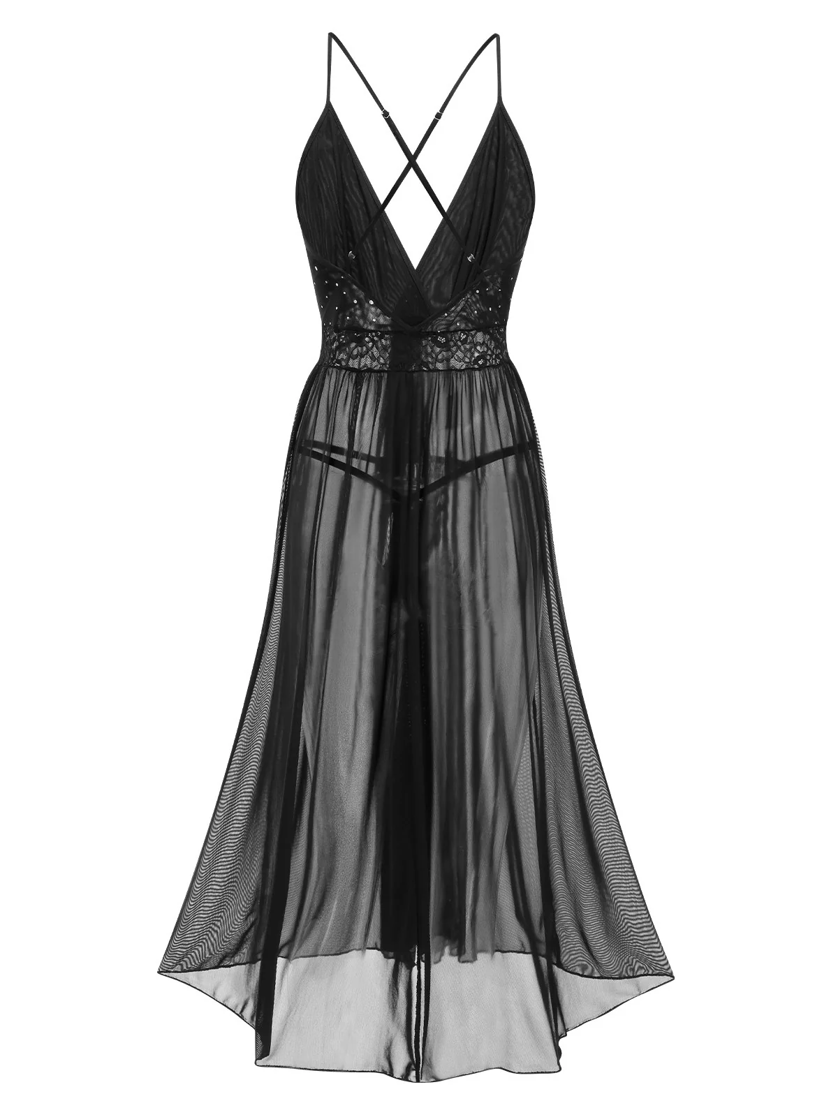 Black 1940s Sparkling Mesh Back Cross Straps Nightgown - Image 2