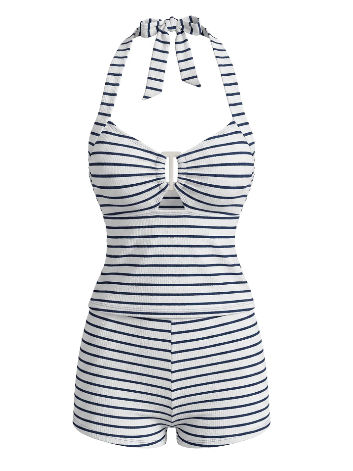 Black 1940s Striped Hollow Textured Halter Tankini Set - Image 2