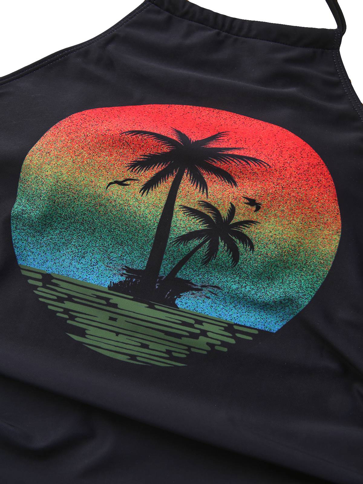 Black 1940s Sunset Palm Tree Tie-Dye Tankinis Swimsuit - Image 4