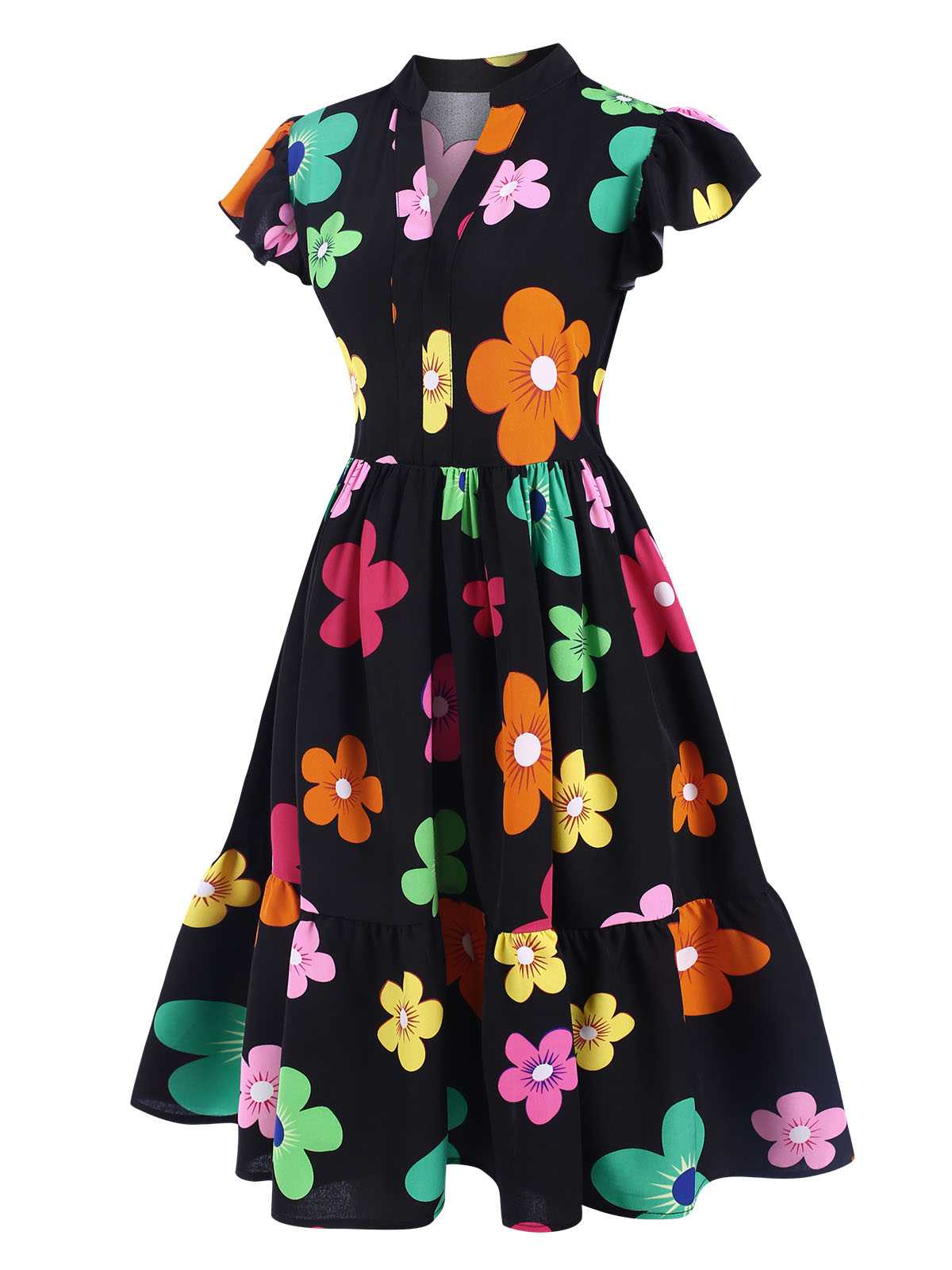Black 1940s V-Neck Colorful Floral Dress - Image 2