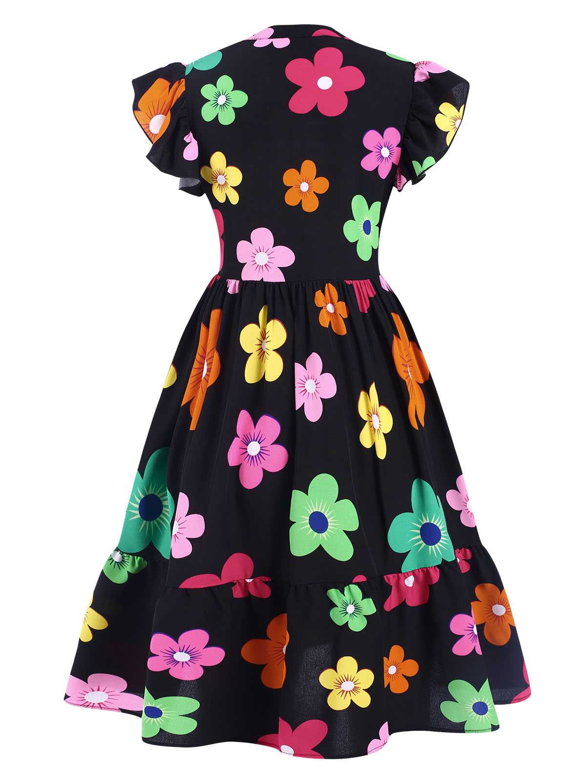 Black 1940s V-Neck Colorful Floral Dress - Image 3