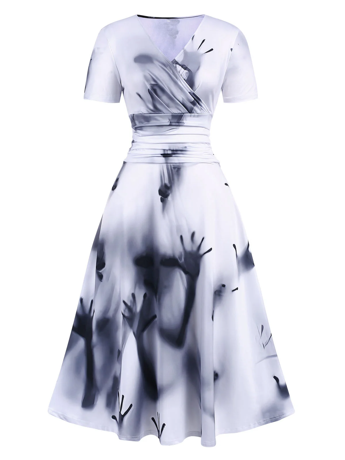 Black 1940s V-Neck Halloween Handprints Dress - Image 2