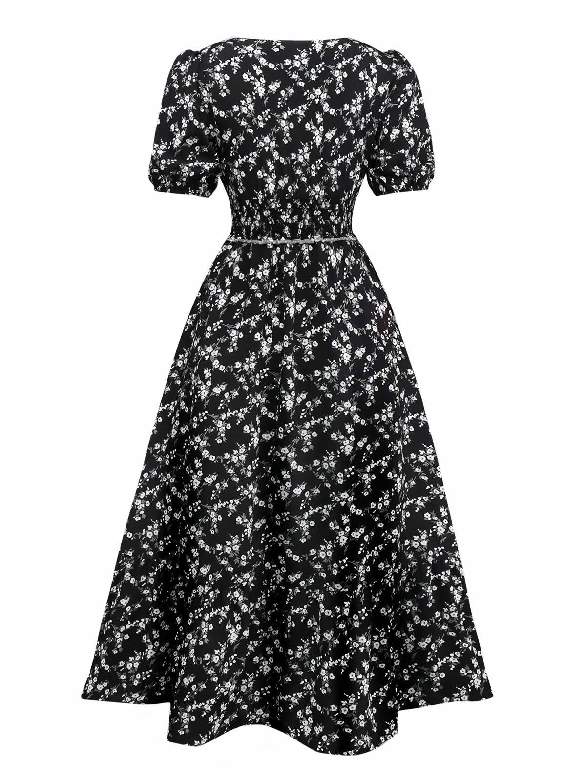Black 1940s V-Neck Puff Ditsy Floral Dress - Image 2