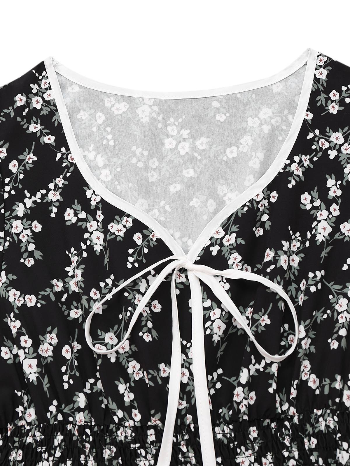 Black 1940s V-Neck Puff Ditsy Floral Dress - Image 3