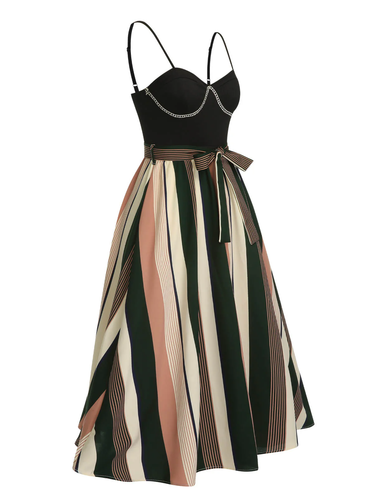 Black 1940s Waist Tie Stripe Straps Dress - Image 2
