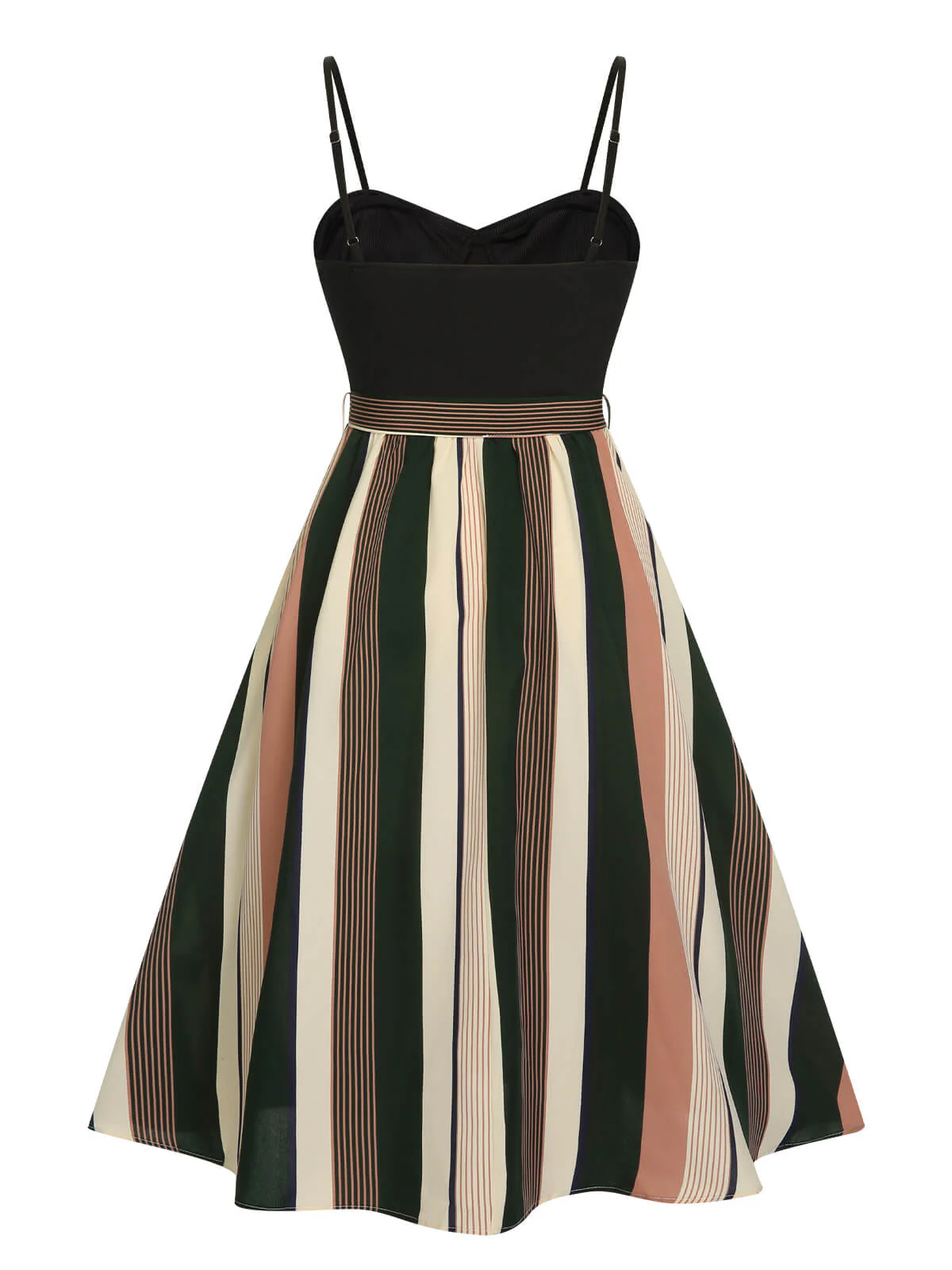 Black 1940s Waist Tie Stripe Straps Dress - Image 3