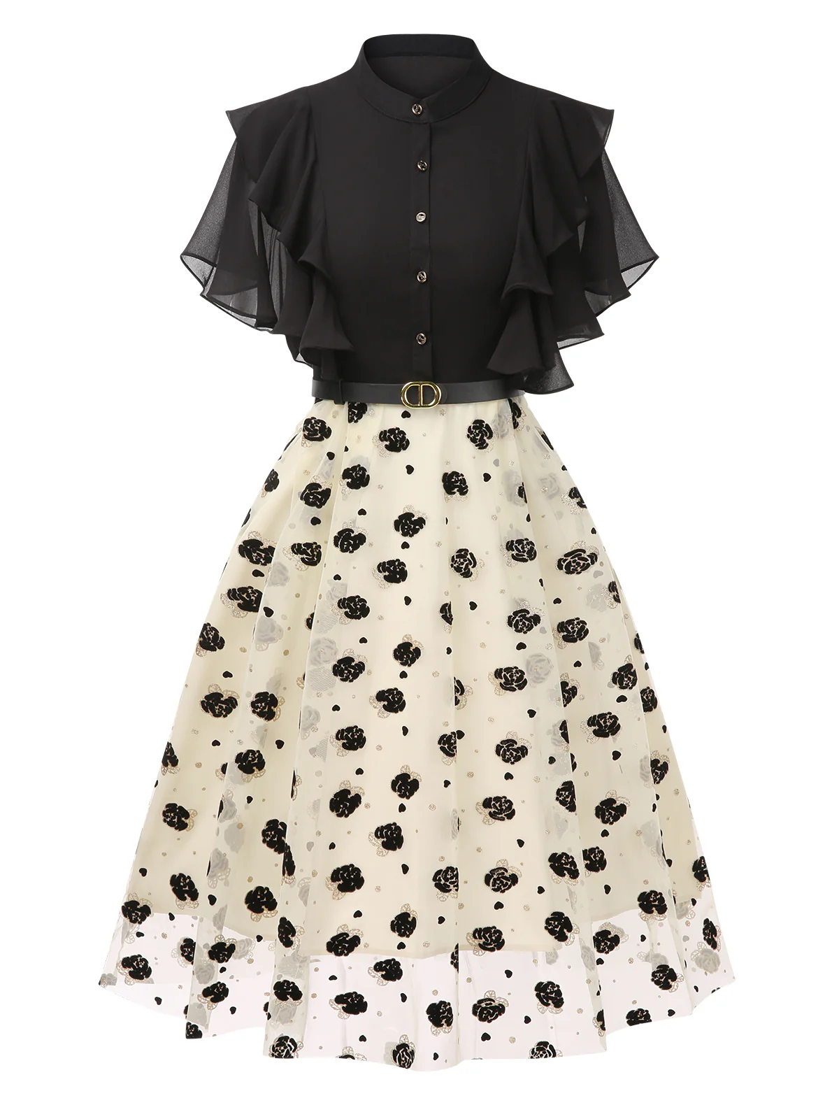 Black 1950s 3D Floral Ruffle A-line Dress - Image 2