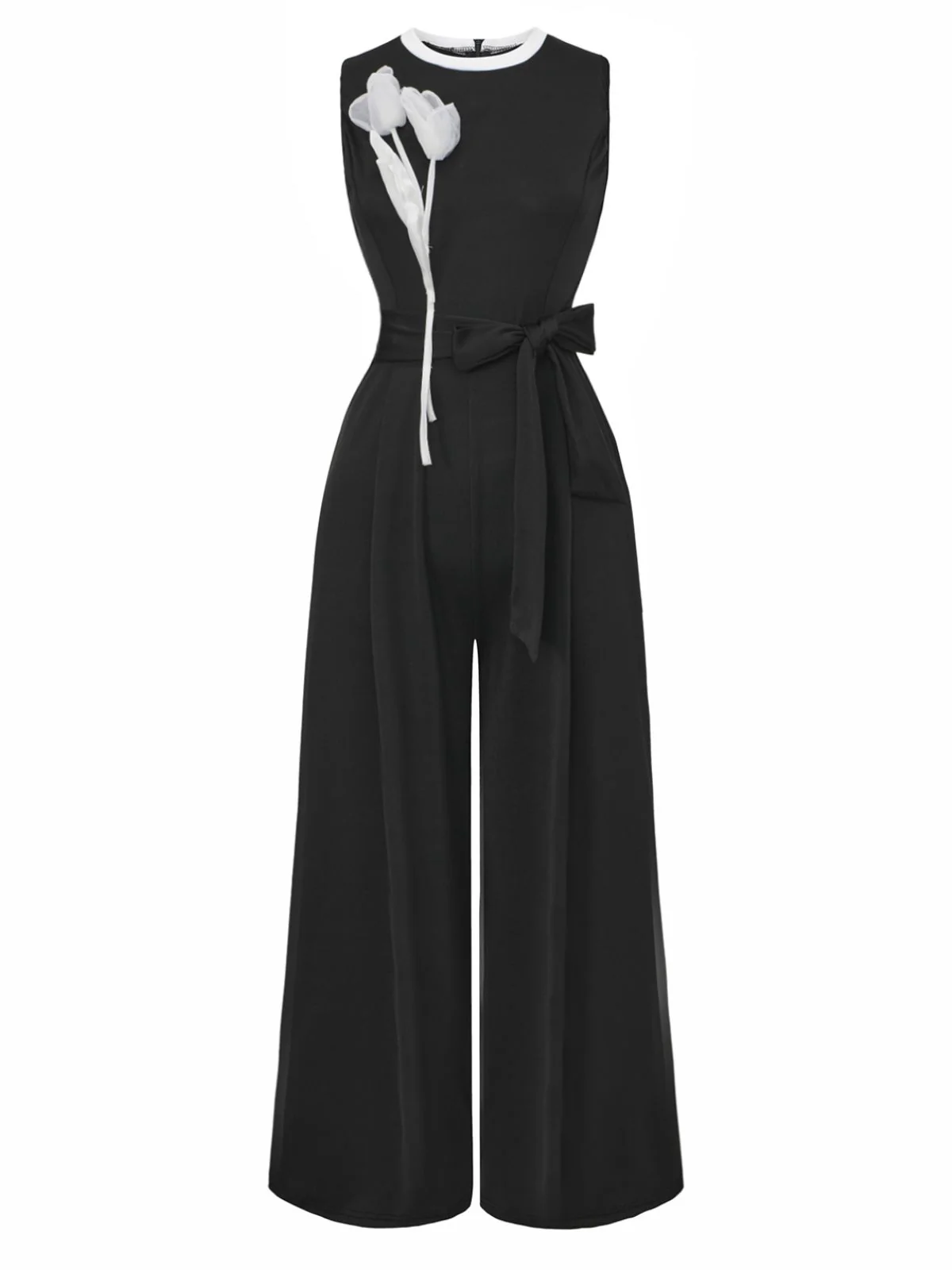 Black 1950s 3D-Floral Sleeveless Tie-Up Jumpsuit - Image 2