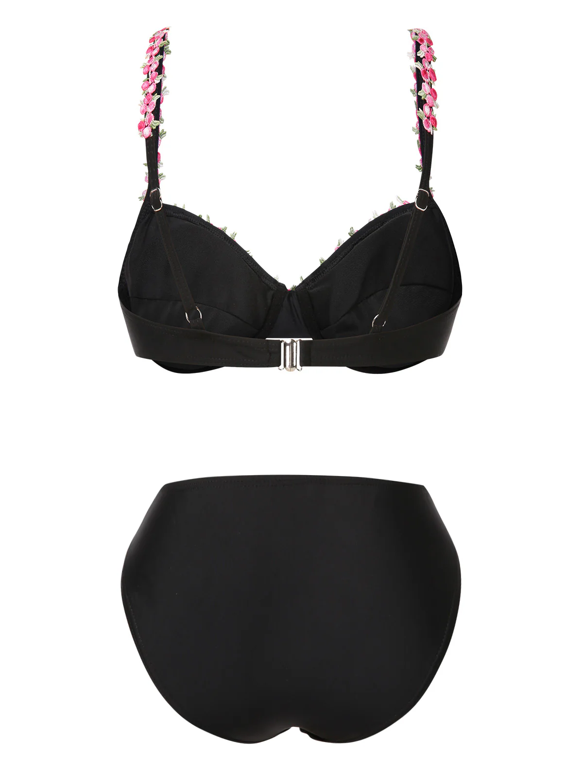 Black 1950s 3D Floral Spaghetti Straps Bikini Set - Image 2