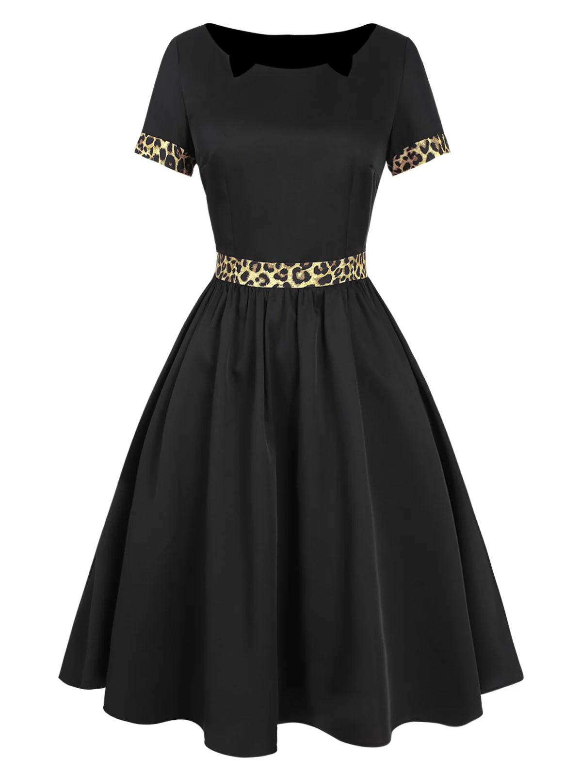 Black 1950s Boat Neck Leopard Patchwork Dress - Image 2