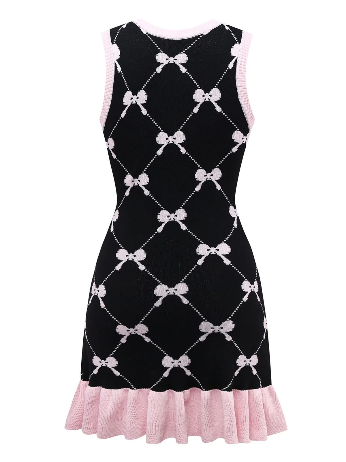 Black 1950s Bow Print Sleeveless Knit Ruffled Dress - Image 2