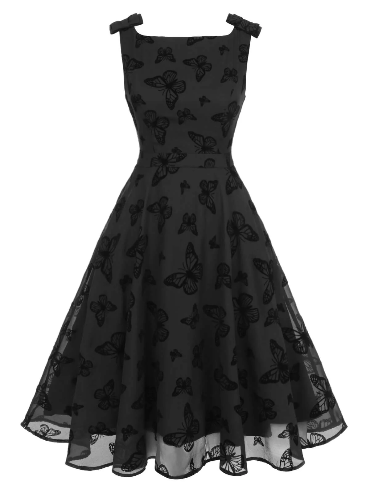 Black 1950s Butterfly Flocking Mesh Dress - Image 2