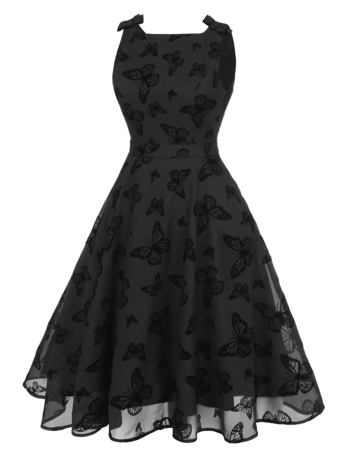 Black 1950s Butterfly Flocking Mesh Dress - Image 3