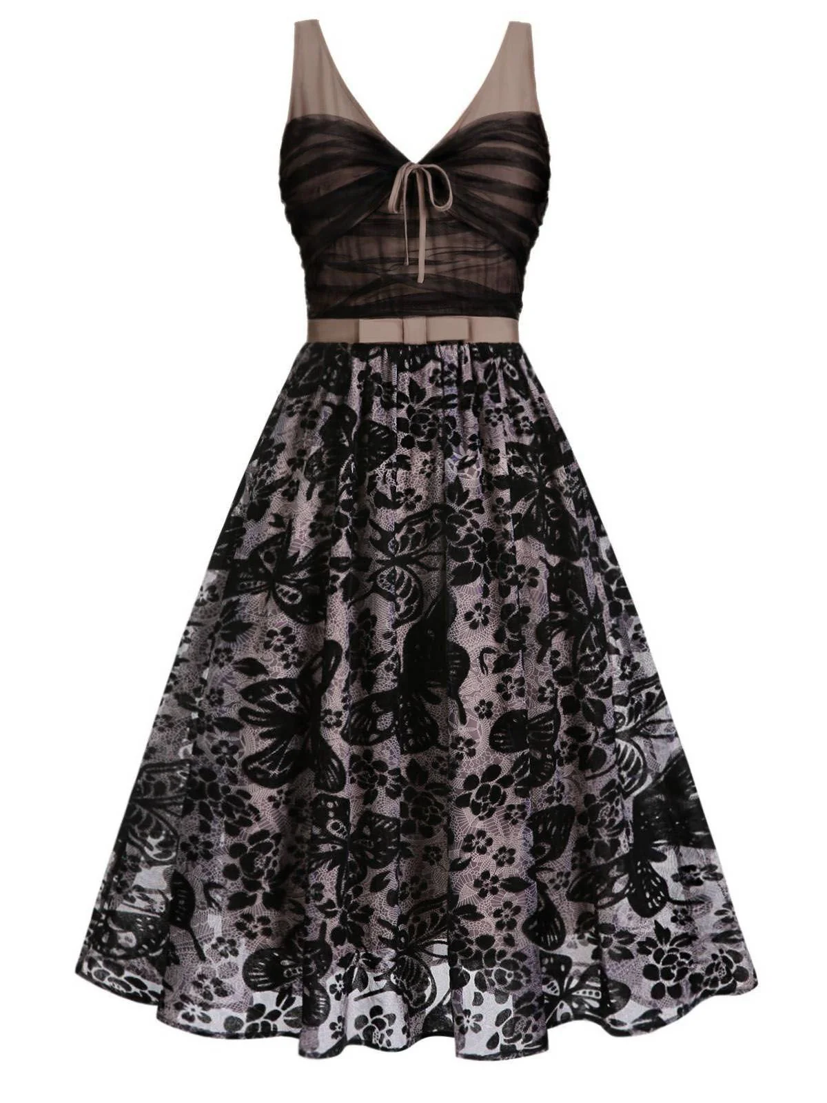 Black 1950s Butterfly Mesh Stitching Dress - Image 2
