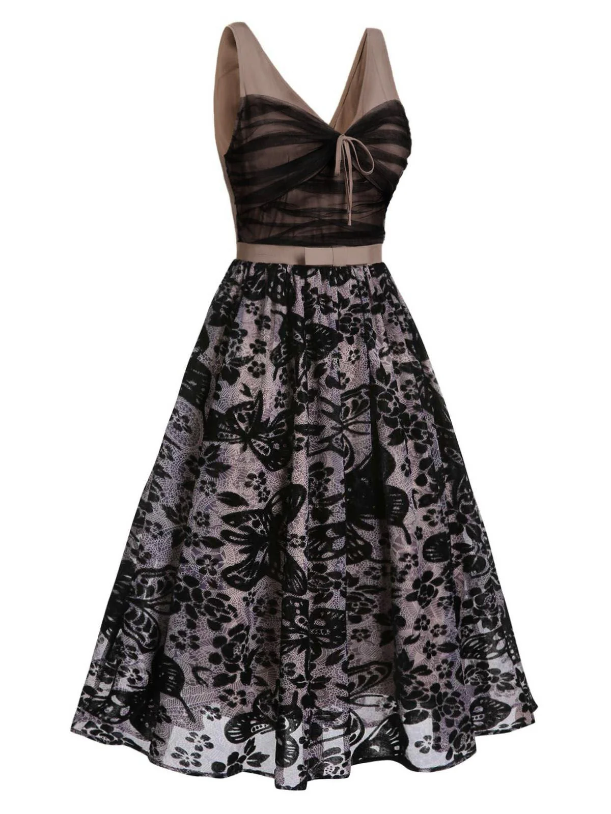 Black 1950s Butterfly Mesh Stitching Dress - Image 3