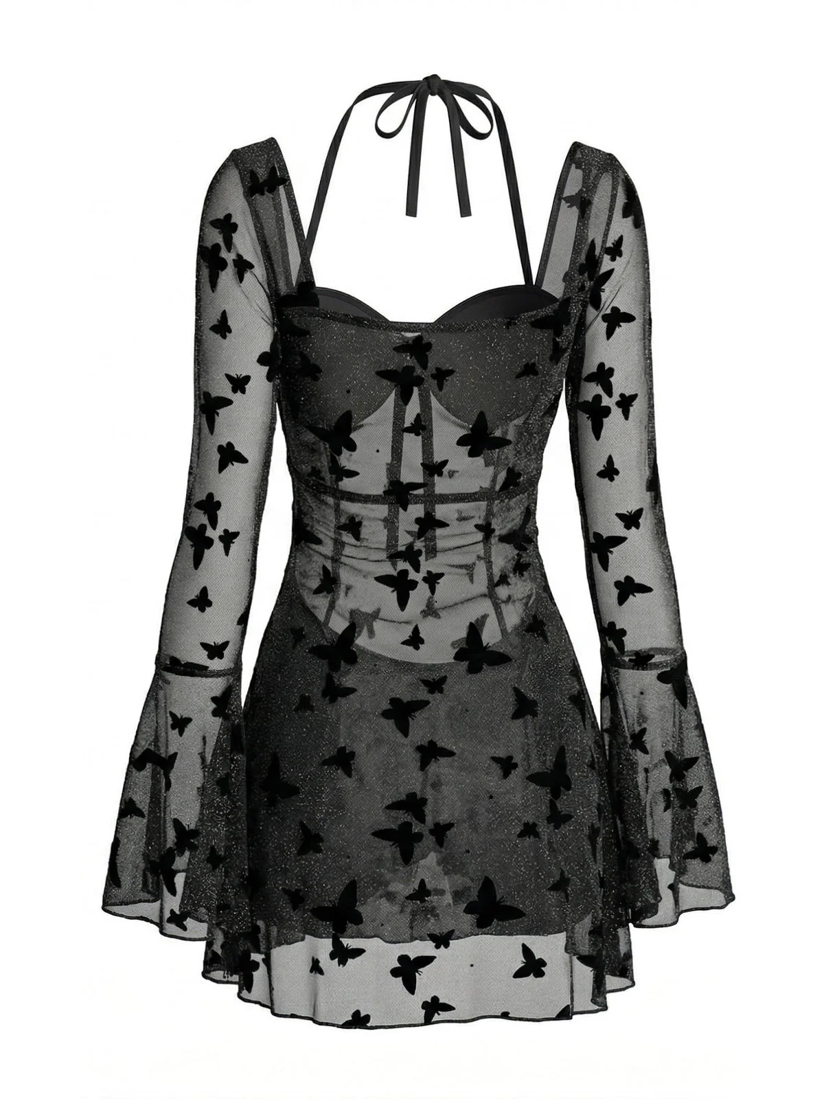 Black 1950s Butterfly Print Sheer Mesh One-Piece Swimsuit - Image 2