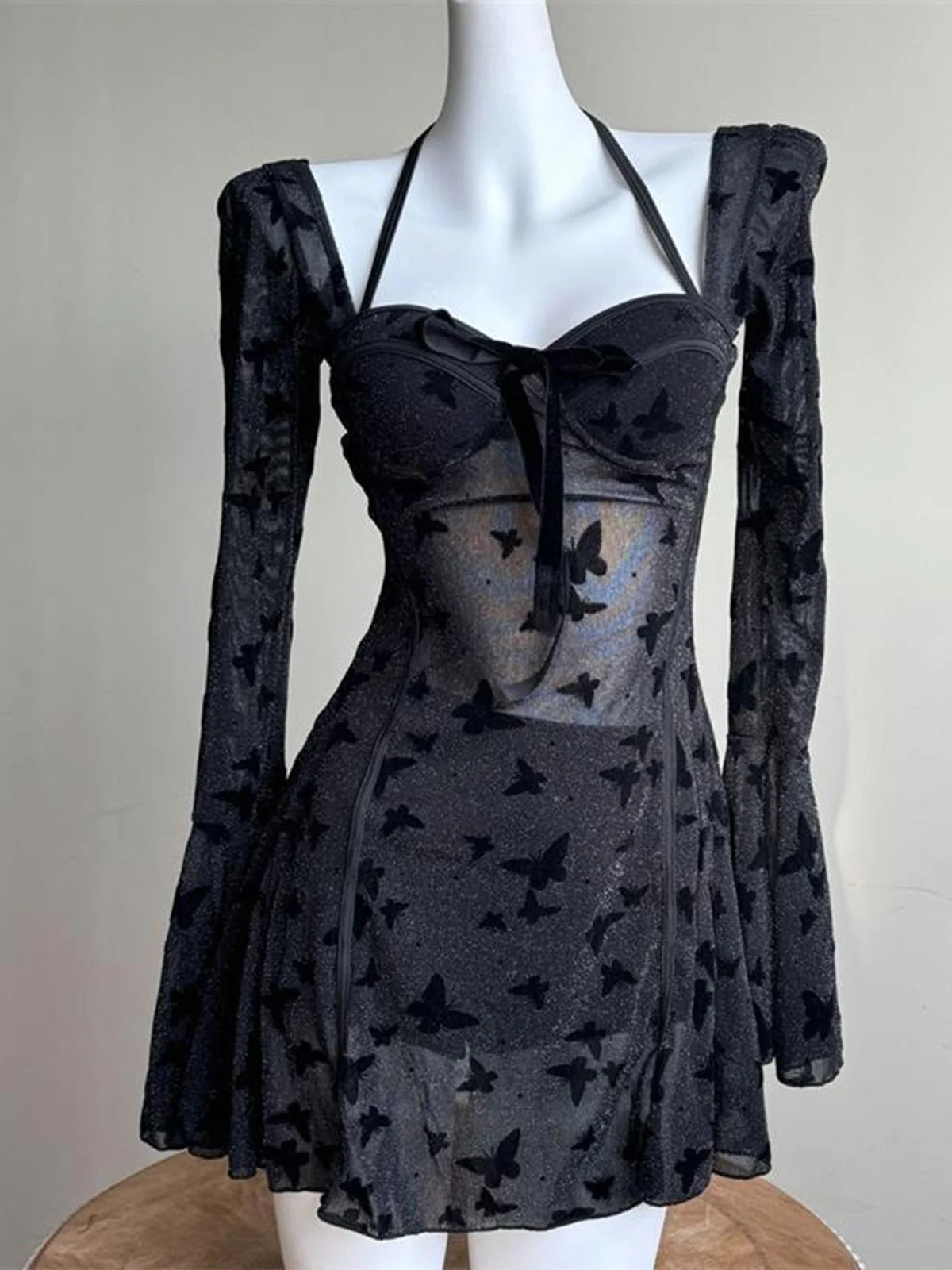 Black 1950s Butterfly Print Sheer Mesh One-Piece Swimsuit - Image 3