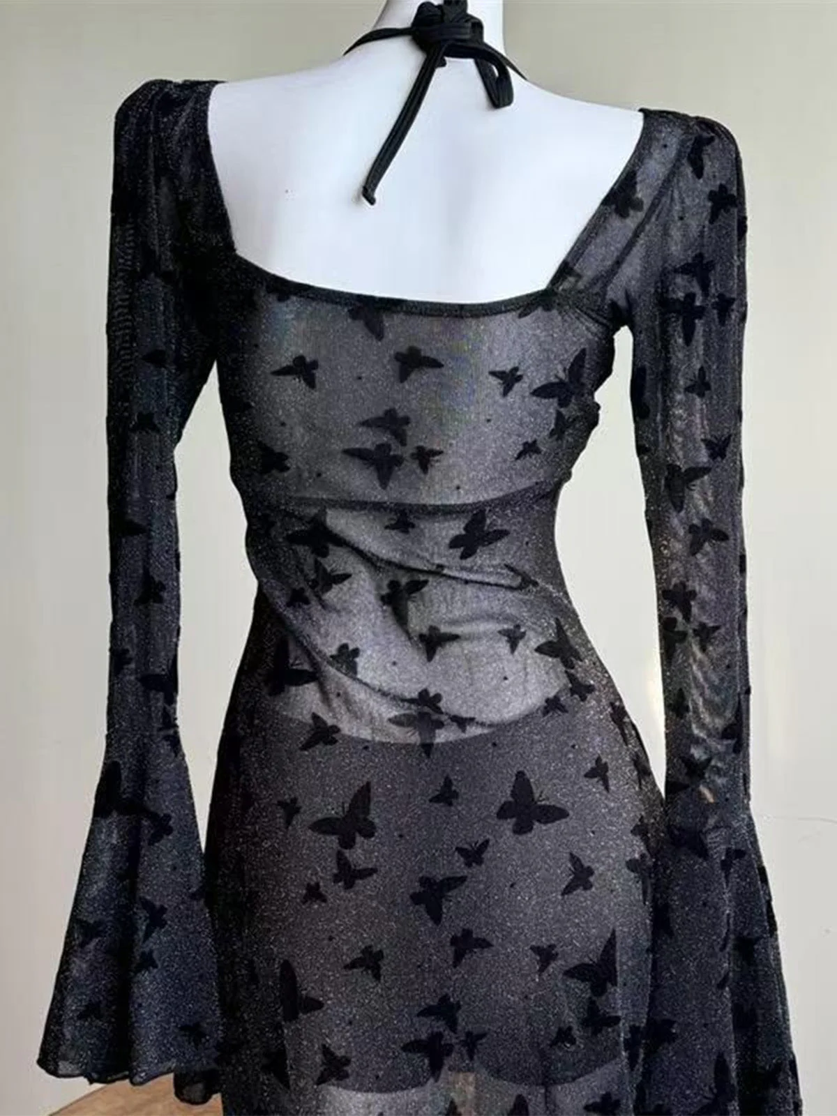 Black 1950s Butterfly Print Sheer Mesh One-Piece Swimsuit - Image 4