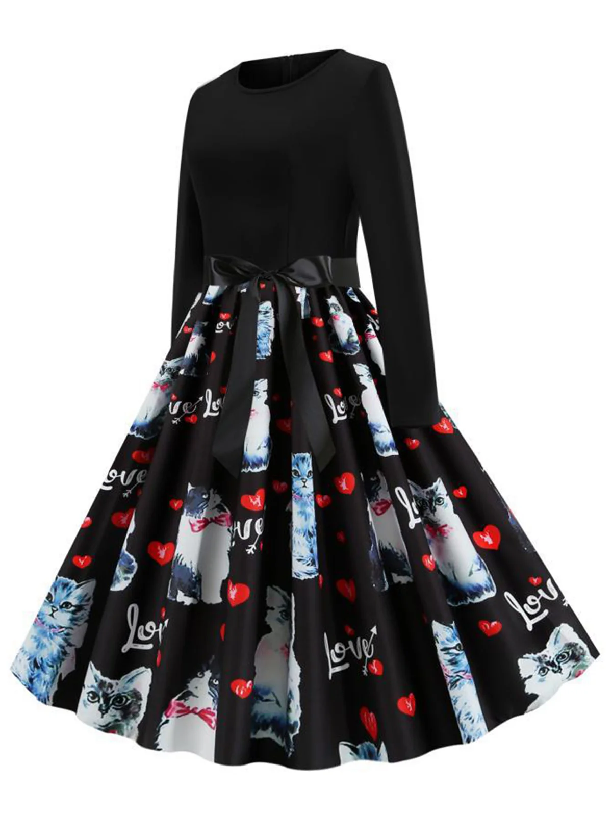 Black 1950s Cat Heart Belted Dress - Image 2