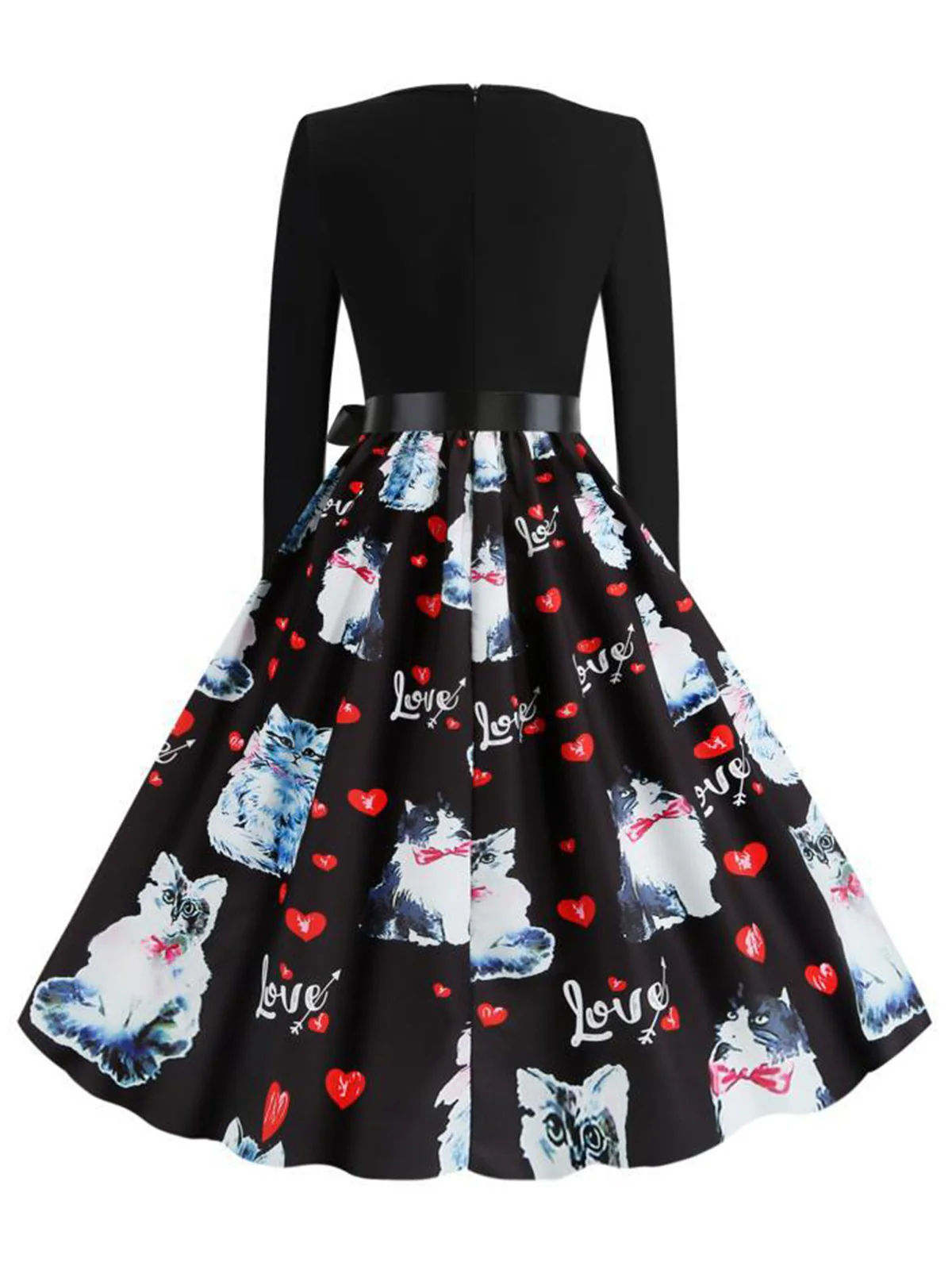 Black 1950s Cat Heart Belted Dress - Image 3