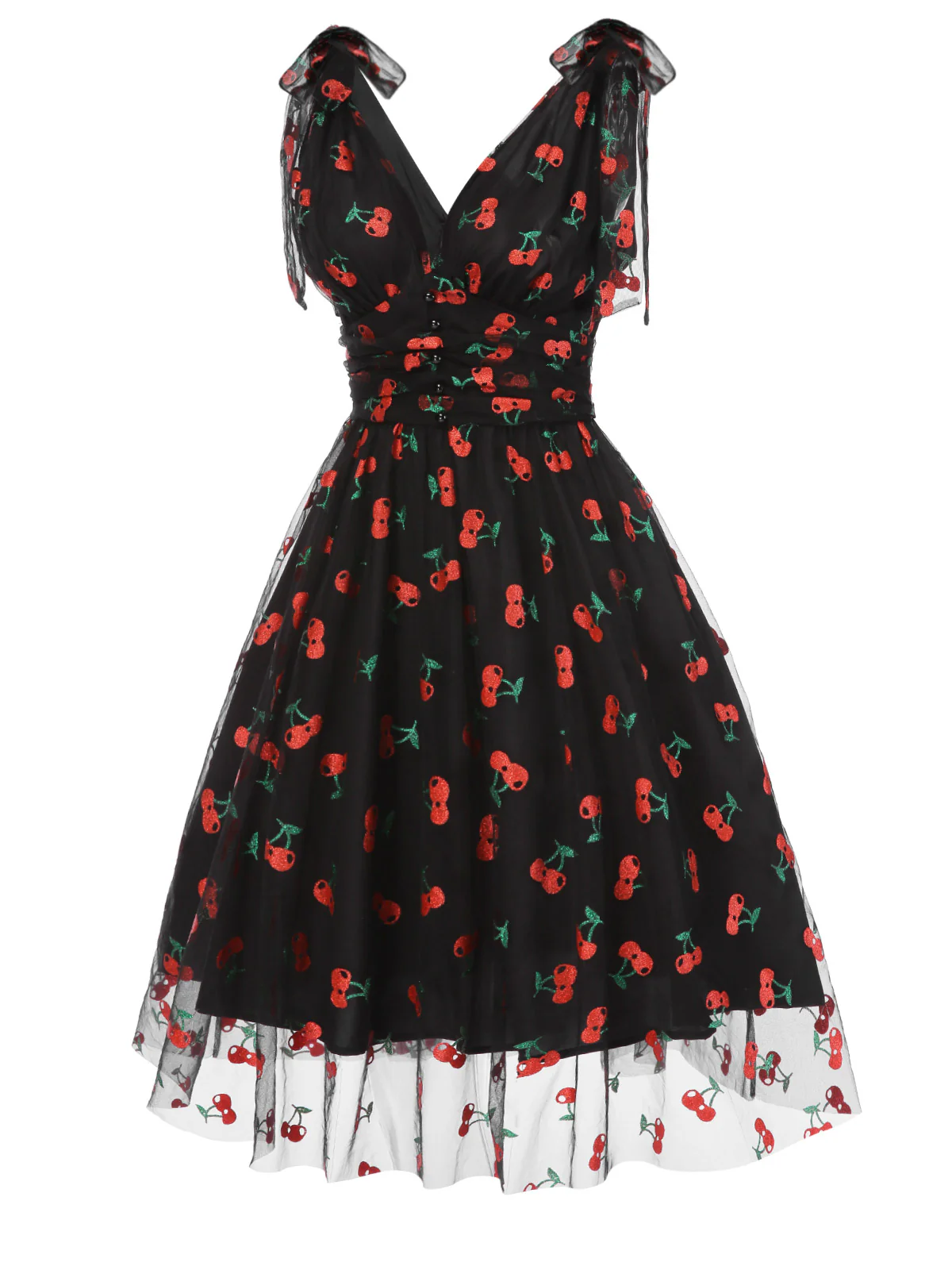 Black 1950s Cherry Mesh Swing Dress - Image 3