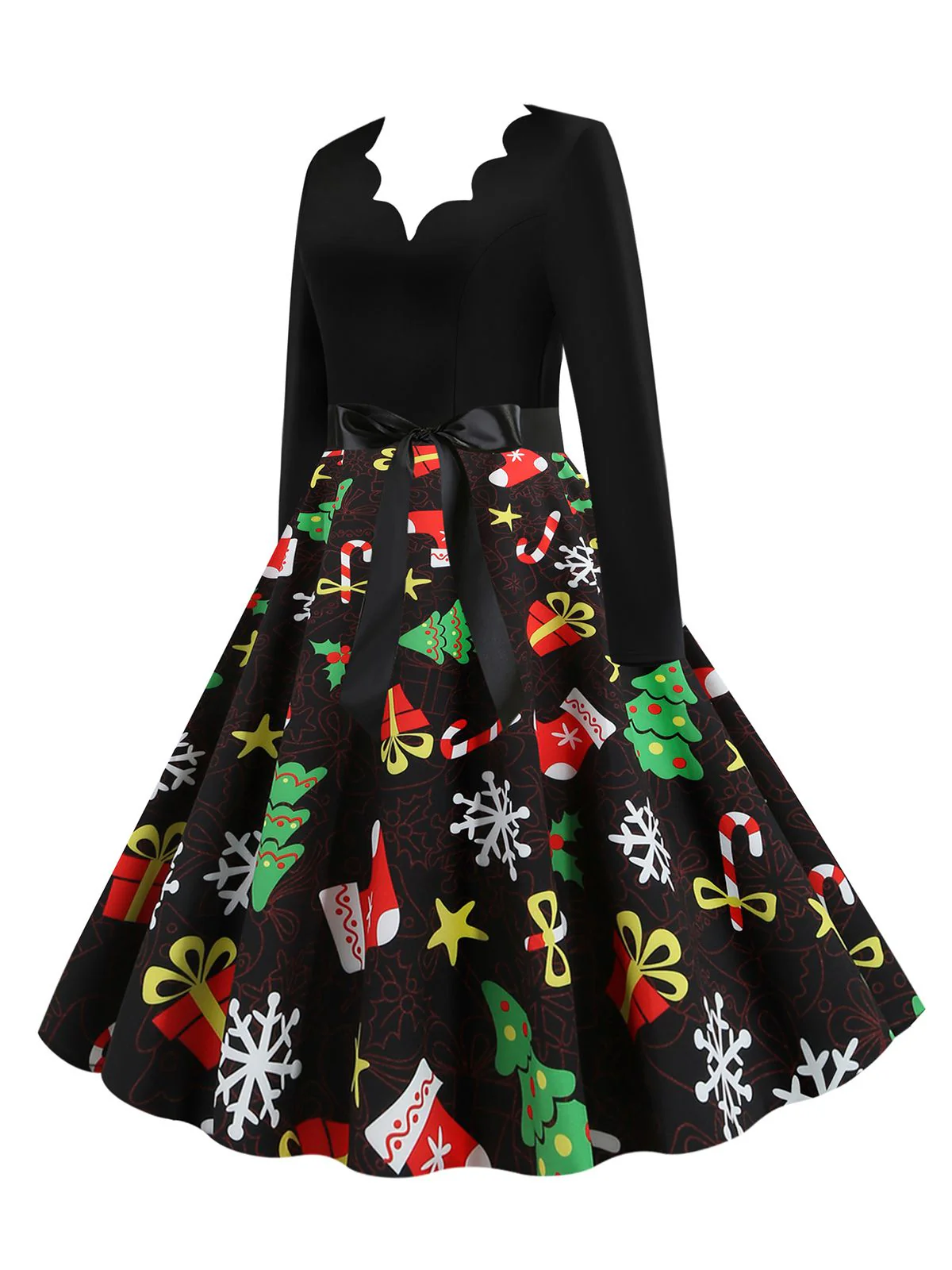 Black 1950s Christmas Gift Tree Belted Dress - Image 2