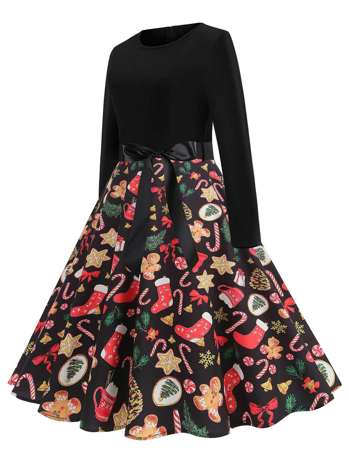 Black 1950s Christmas Gingerbread & Candy Cane Dress - Image 2