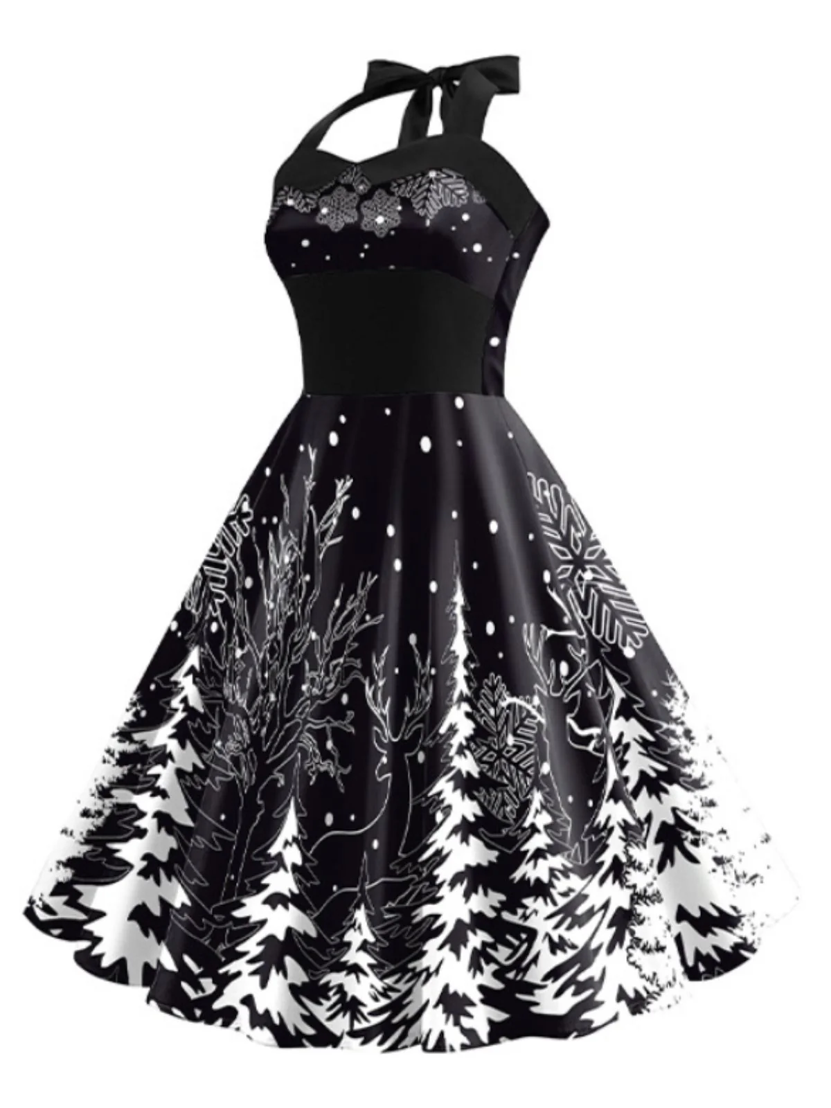 Black 1950s Christmas Halter Swing Dress - Image 2
