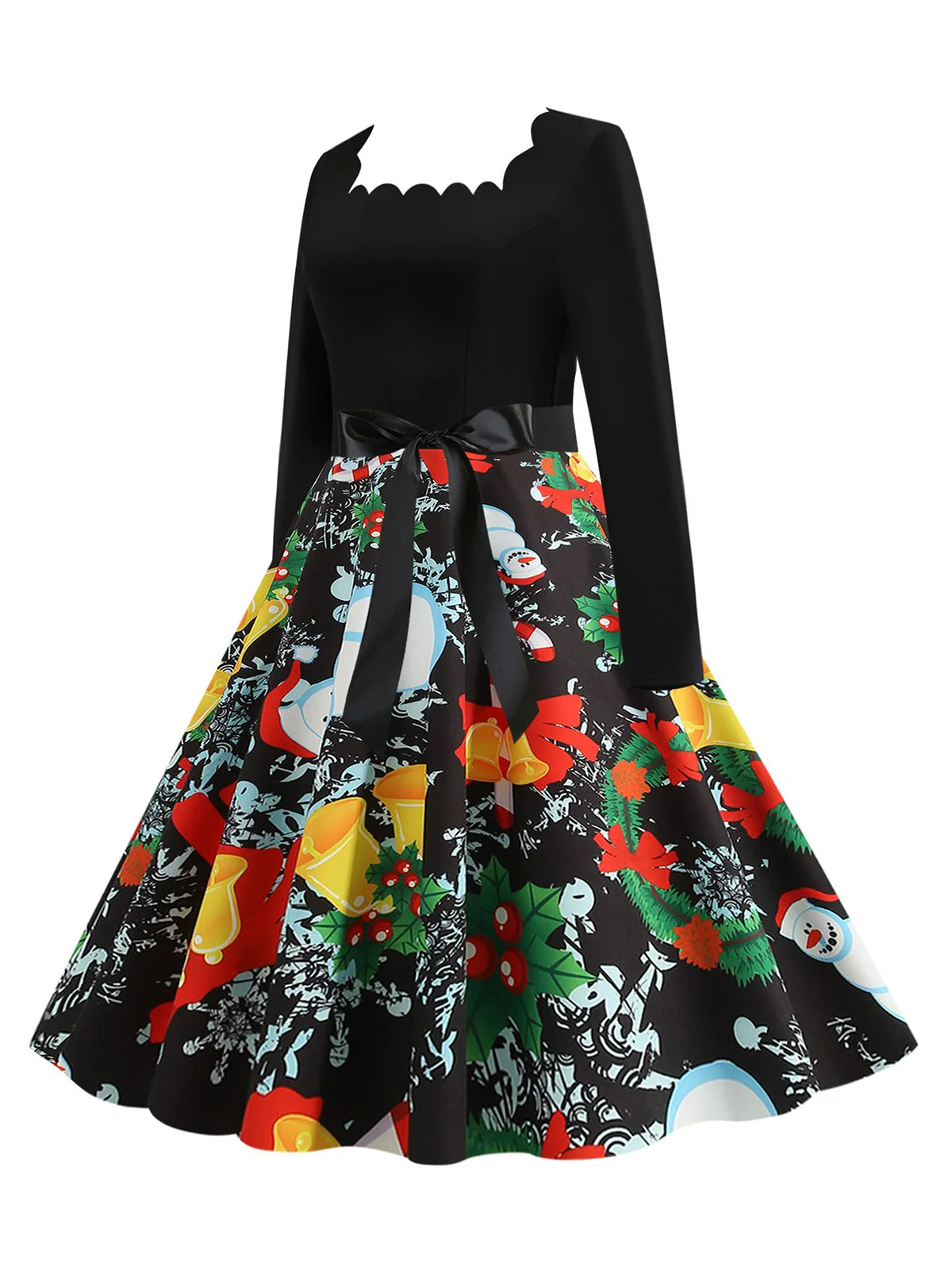 Black 1950s Christmas Print Belted Dress - Image 2