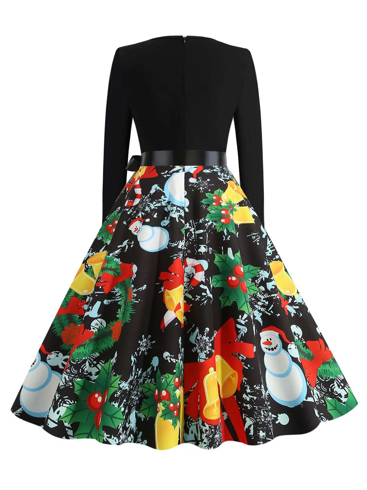 Black 1950s Christmas Print Belted Dress - Image 3
