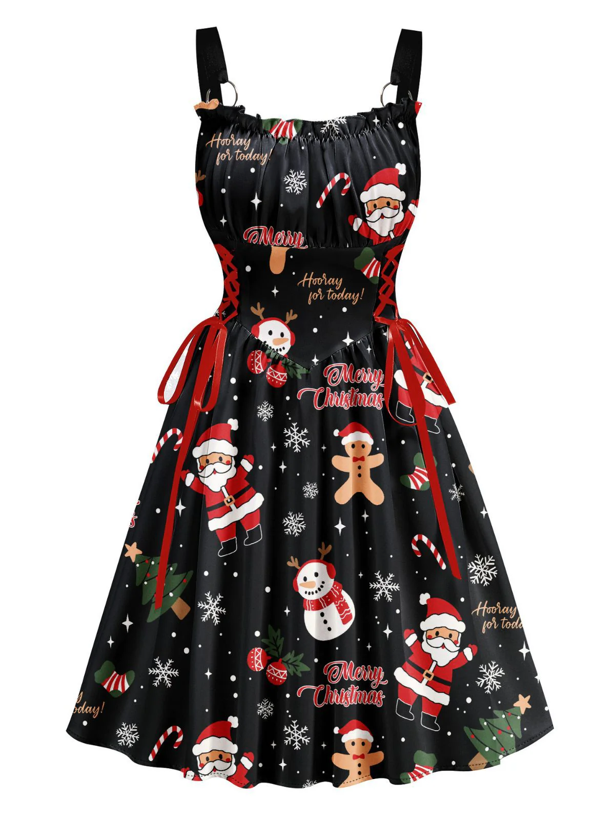 Black 1950s Christmas Print Lace-Up Dress - Image 2