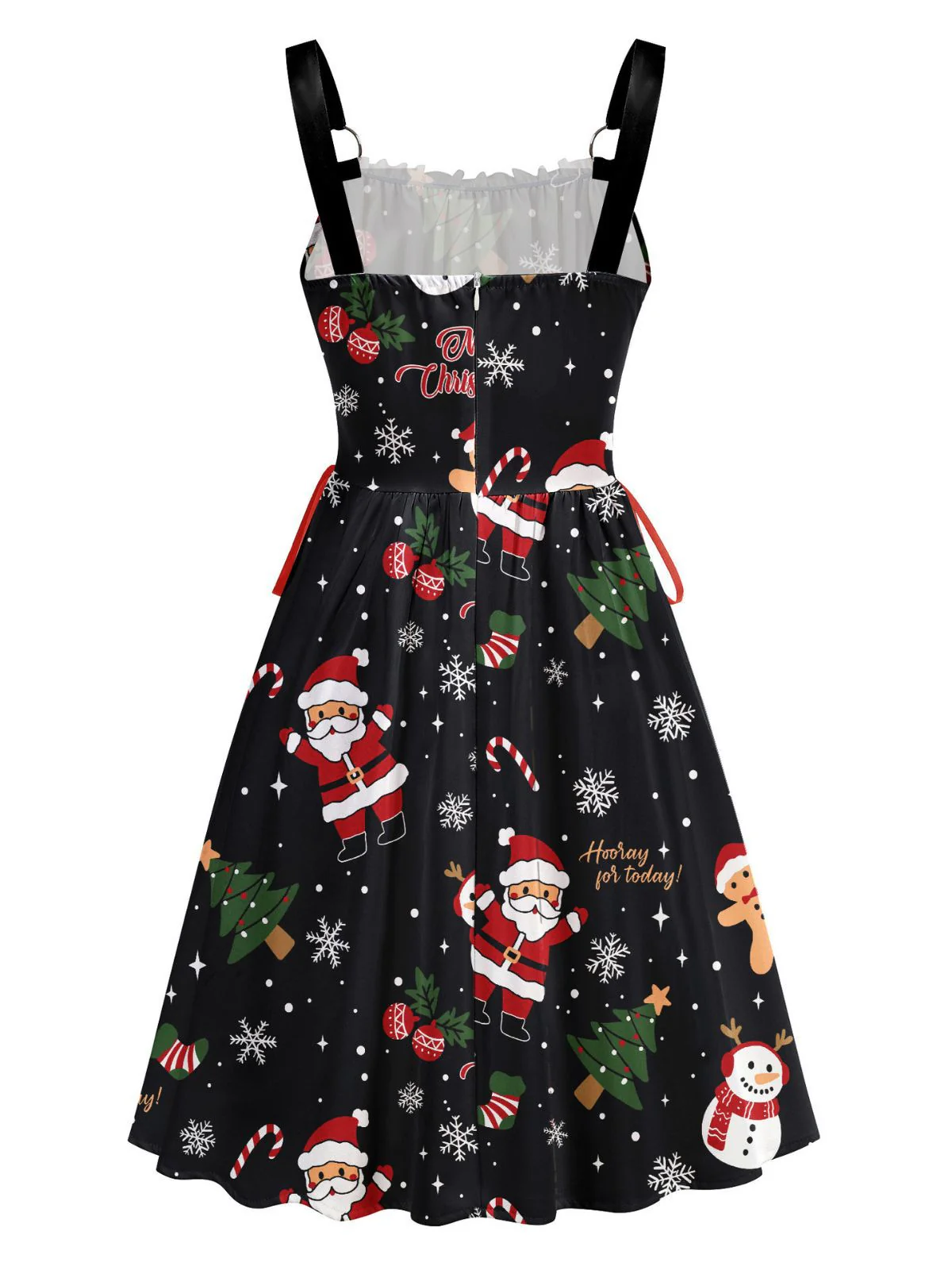 Black 1950s Christmas Print Lace-Up Dress - Image 3