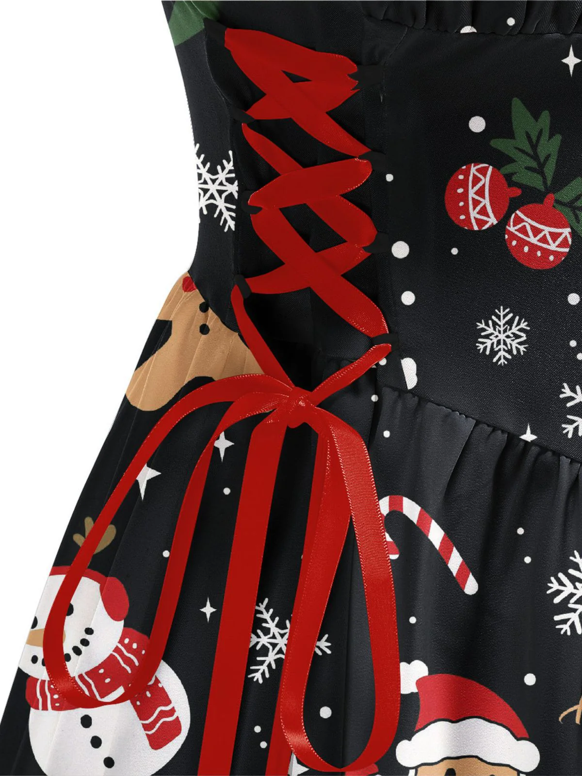 Black 1950s Christmas Print Lace-Up Dress - Image 5